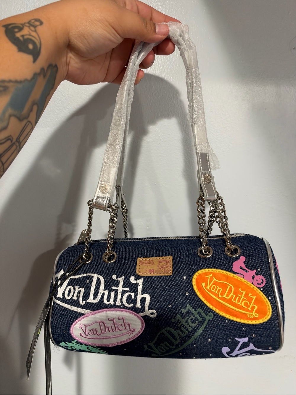 Von Dutch Denim Mini Barrel Bag with Multicolor Logo Patches
